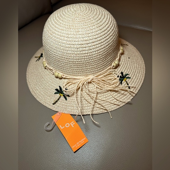 Brand New Light Pink Sun Hat with Palm Trees and Rafia Ribbon - Size 7 - 7 1/8 - Picture 3 of 6